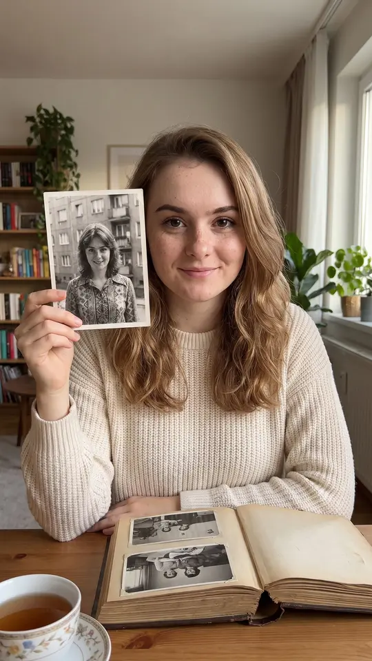 AI image combiner in PixiFixi — a photo of me with my grandma at my age