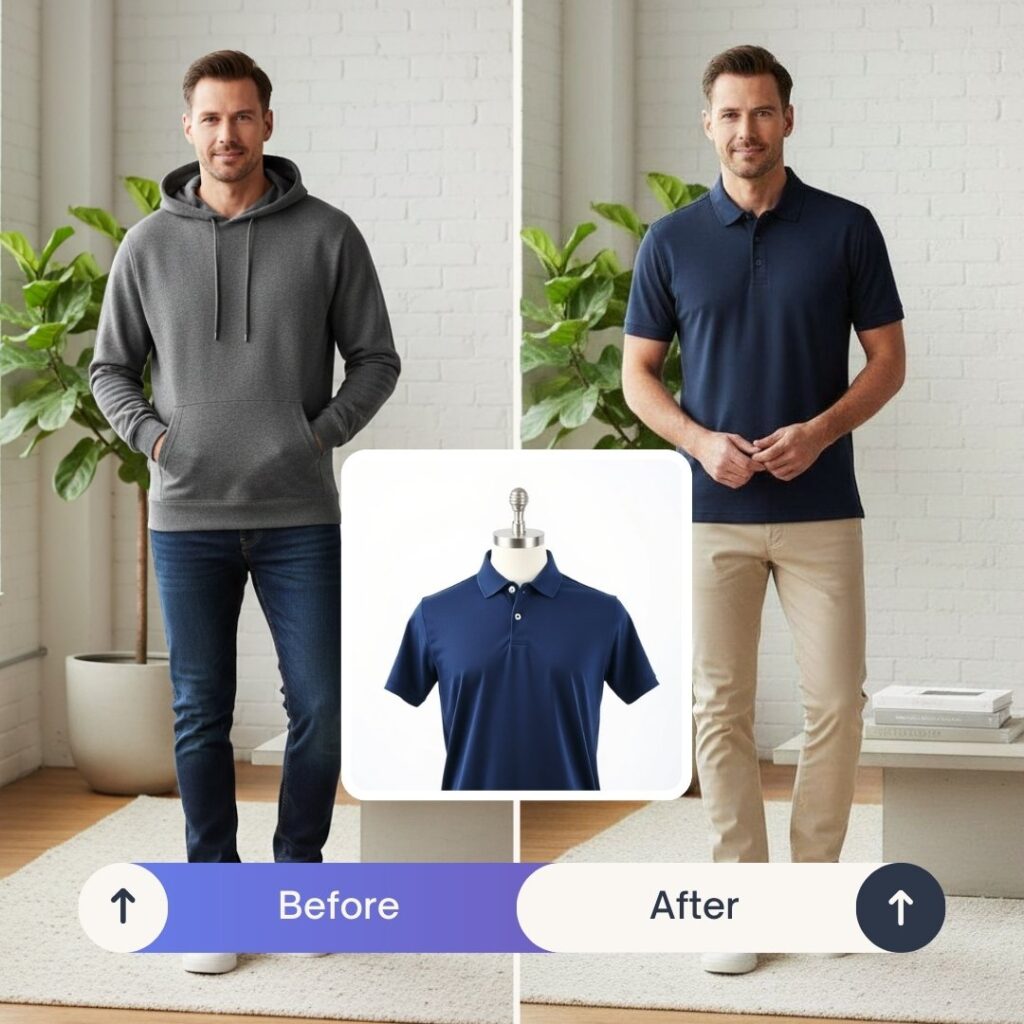 Example of a man’s outfit transformation using the Virtual Try-On tool
