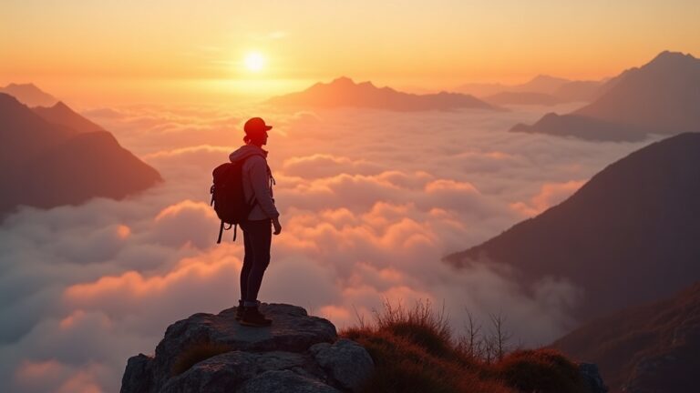 AI mountain photoshoot — a hiker on a peak above a sea of clouds at sunrise