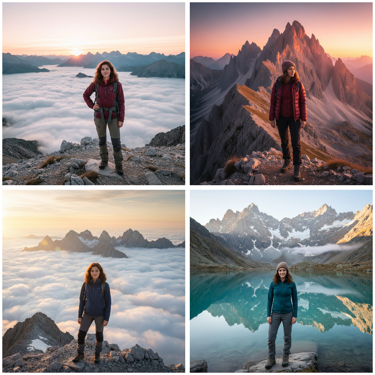 AI mountain photoshoot — sunrise summit, alpenglow peaks, above the clouds and alpine lake