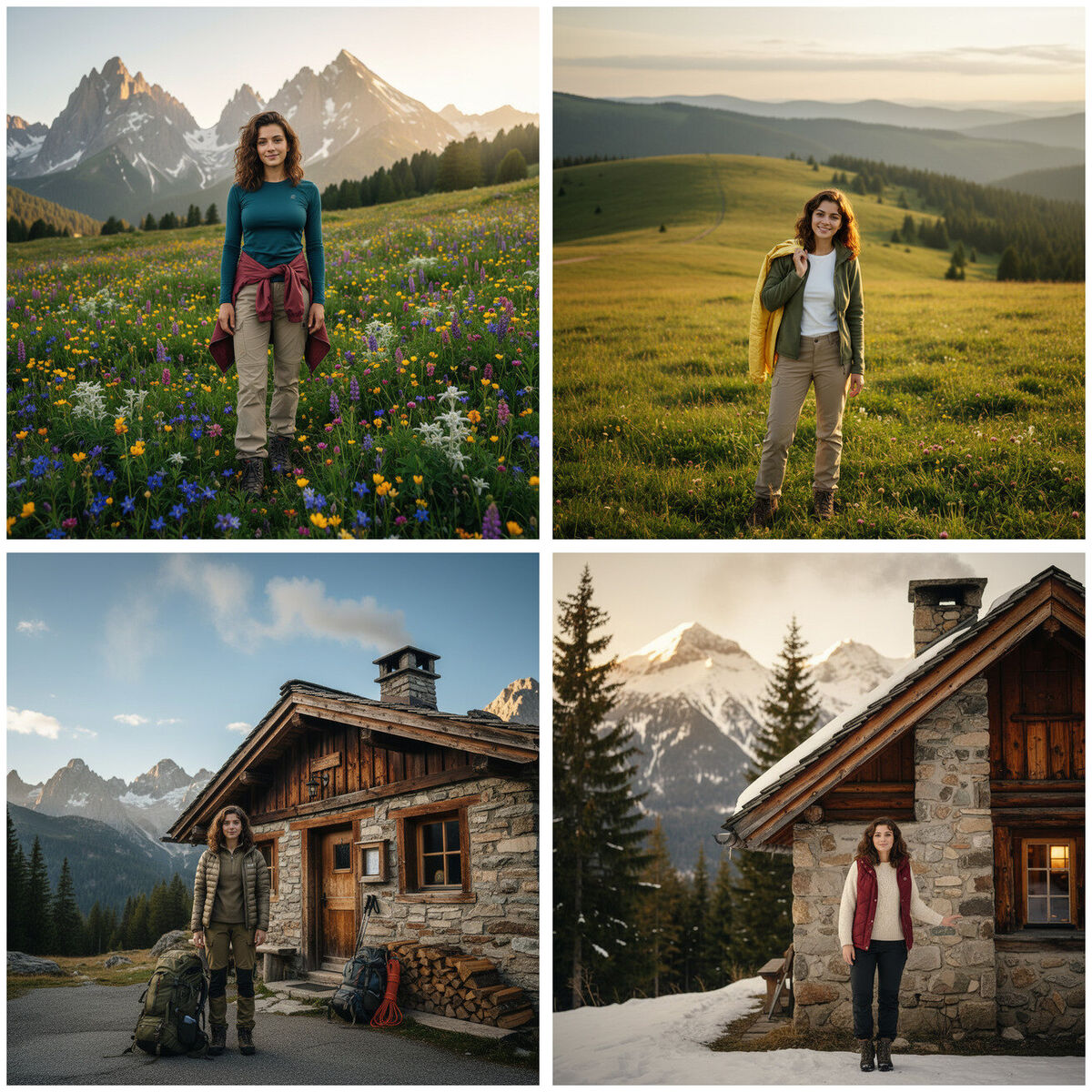 AI mountain photoshoot — alpine meadow, highland pasture, mountain shelter and mountain cabin