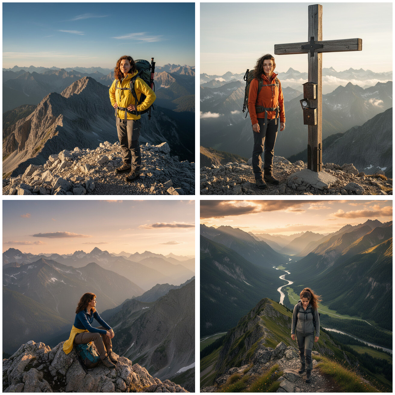 AI mountain photoshoot — summit view, summit cross, mountain panorama and valley view