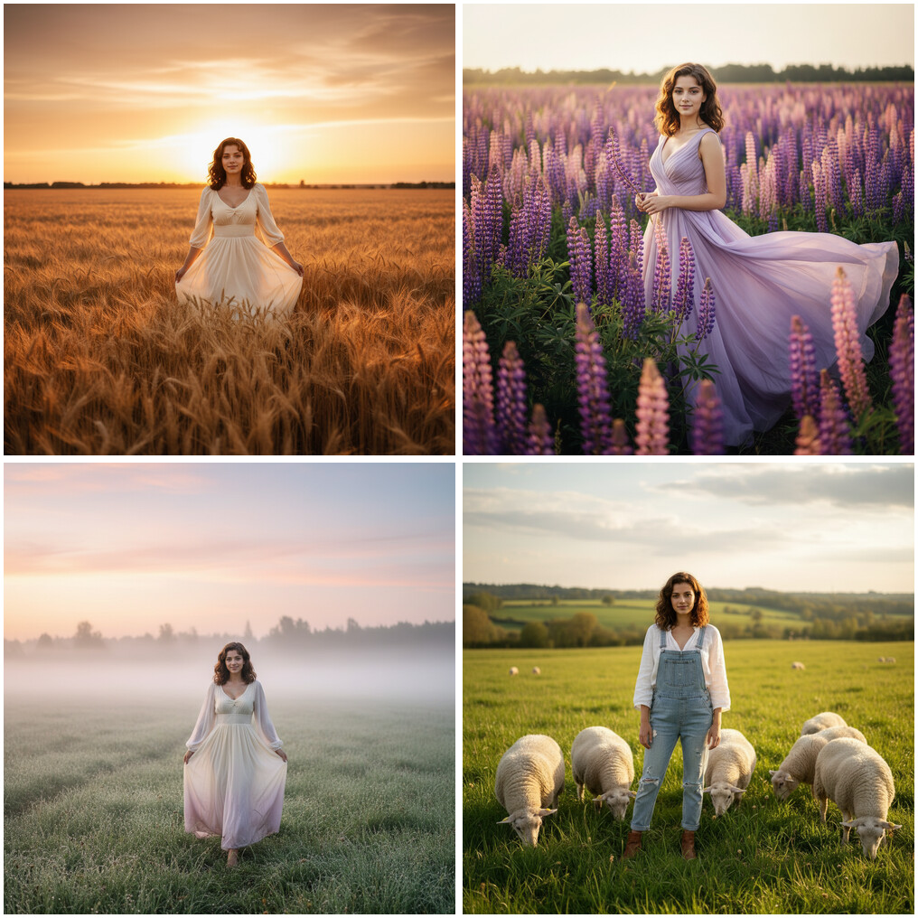 Four scenes from "Fields and meadows" — a wheat field at sunset, purple lupins, a misty dawn meadow and sheep pastures