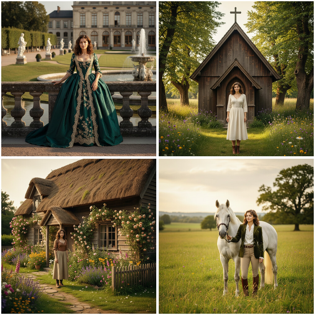 "Heritage and country charm" — a baroque palace garden, a wooden roadside chapel, a country cottage with climbing roses, and a session with a white horse