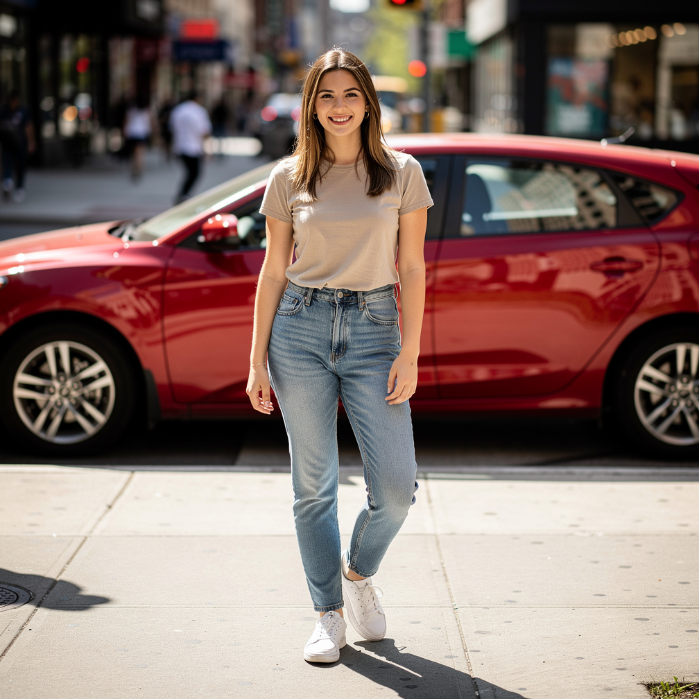 Photo before removing an object — woman with a red car behind her
