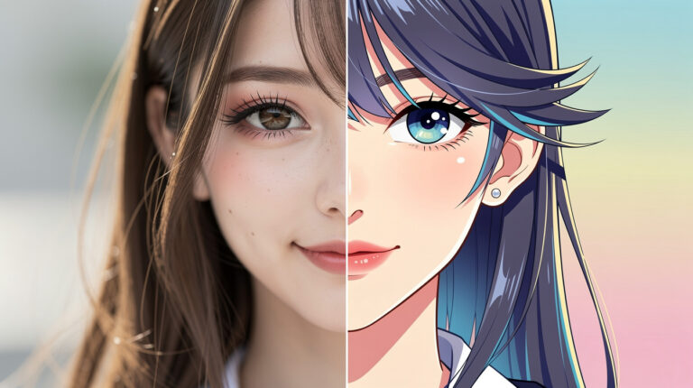 Turn a photo into anime and art with AI — split photo and illustration