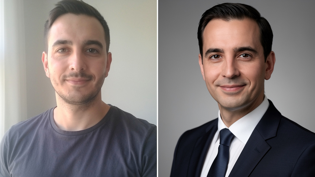 Before and after: a casual t-shirt photo on the left transformed into a sharp business suit headshot on the right using PixiFixi AI