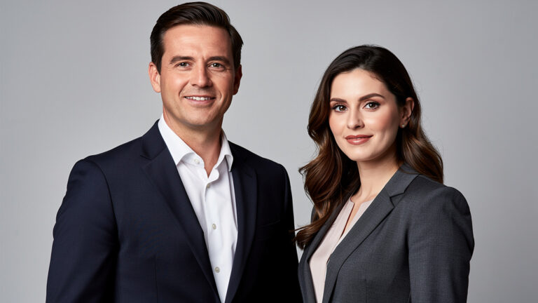 A man and woman wearing tailored business suits in a professional AI-generated studio headshot created with PixiFixi