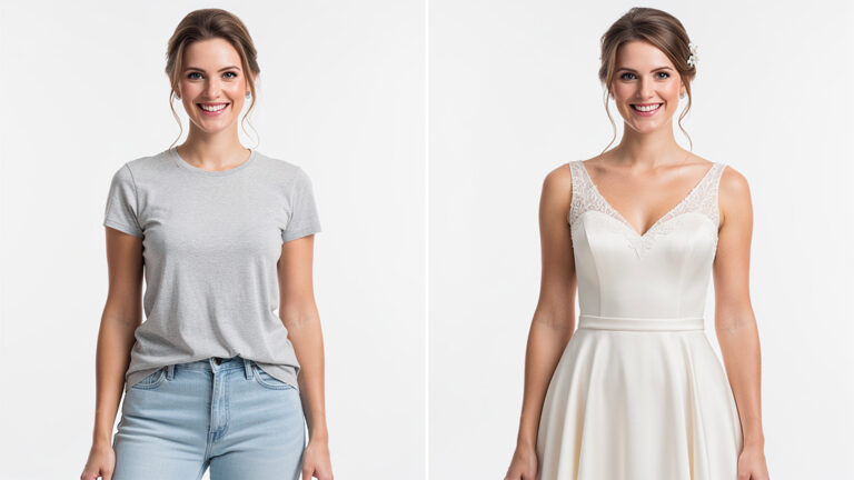 Before and after: a woman in casual clothes and the same woman wearing an ivory A-line wedding dress with AI virtual try-on