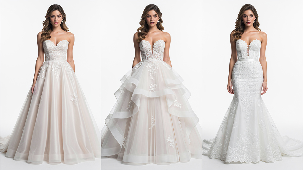 A-line, ballgown and mermaid wedding dress styles compared side by side with AI try-on