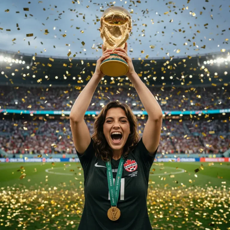 World Cup 2026 AI photo — lifting the trophy as a football star
