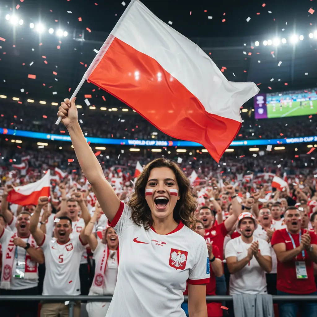 World Cup 2026 fan photo — supporter with a national flag, AI