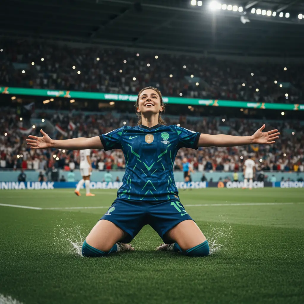 World Cup AI photo — knee-slide goal celebration on the pitch