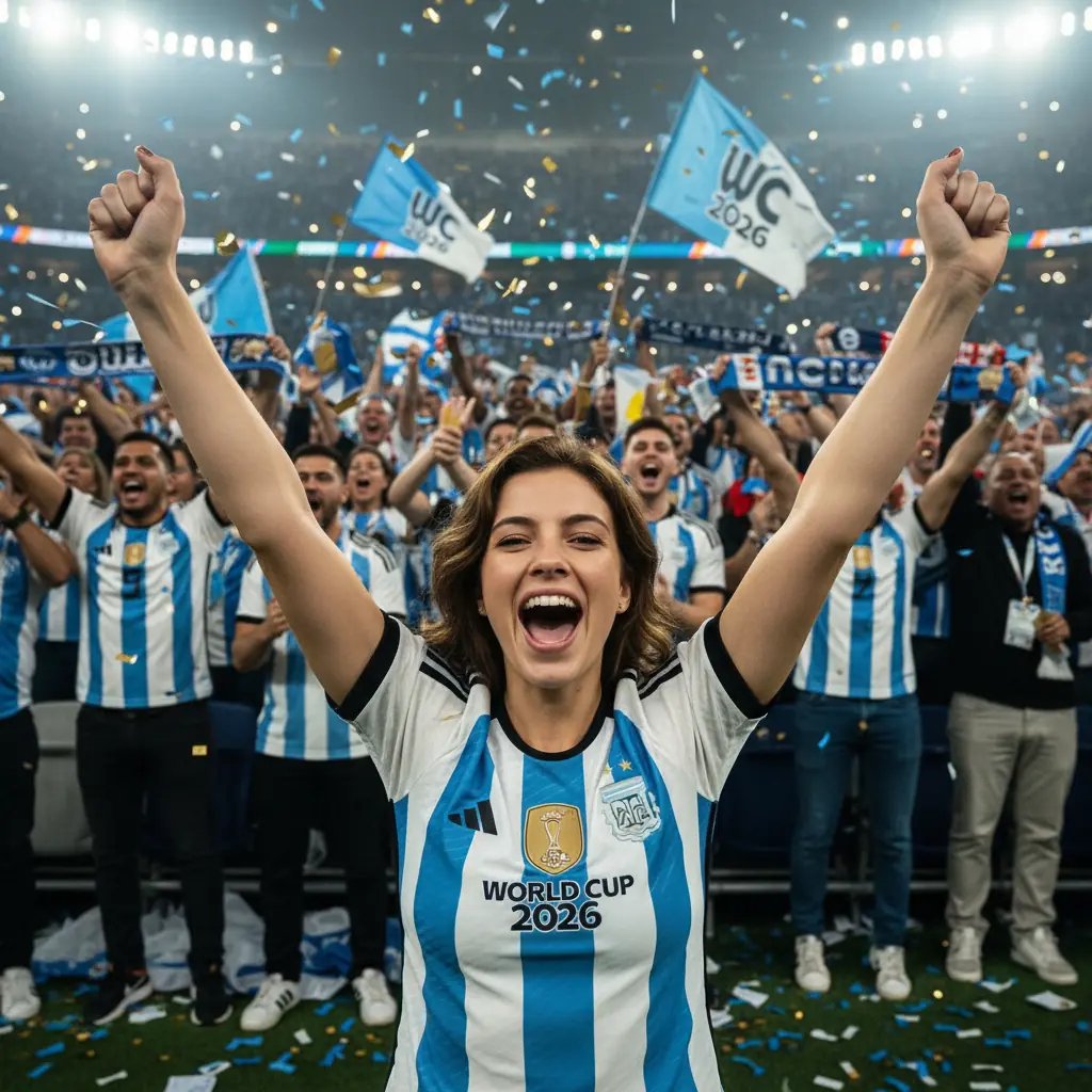 World Cup fan photo — cheering in a packed stadium crowd, AI