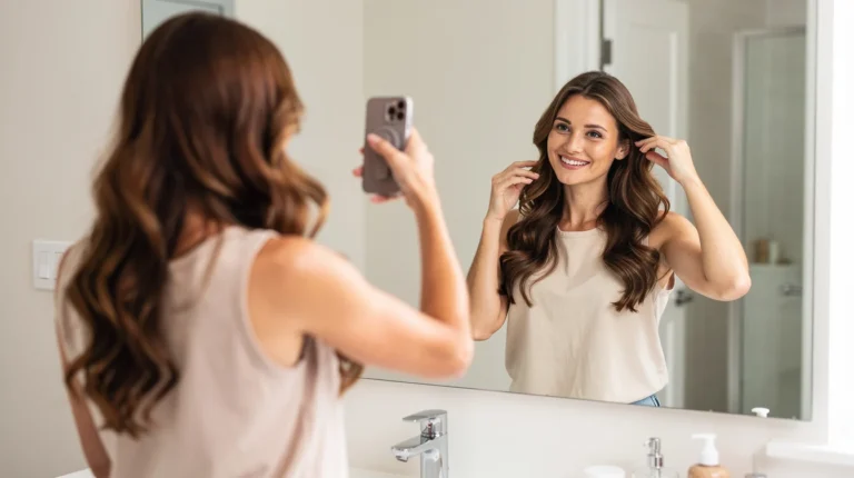 Woman smiling at the bathroom mirror while checking which hairstyle suits her on her phone