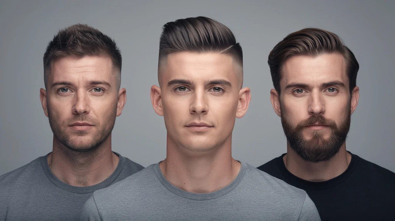 Three men with different haircuts side by side: a short textured crop, an undercut quiff with volume on top, and longer swept-back hair with a beard