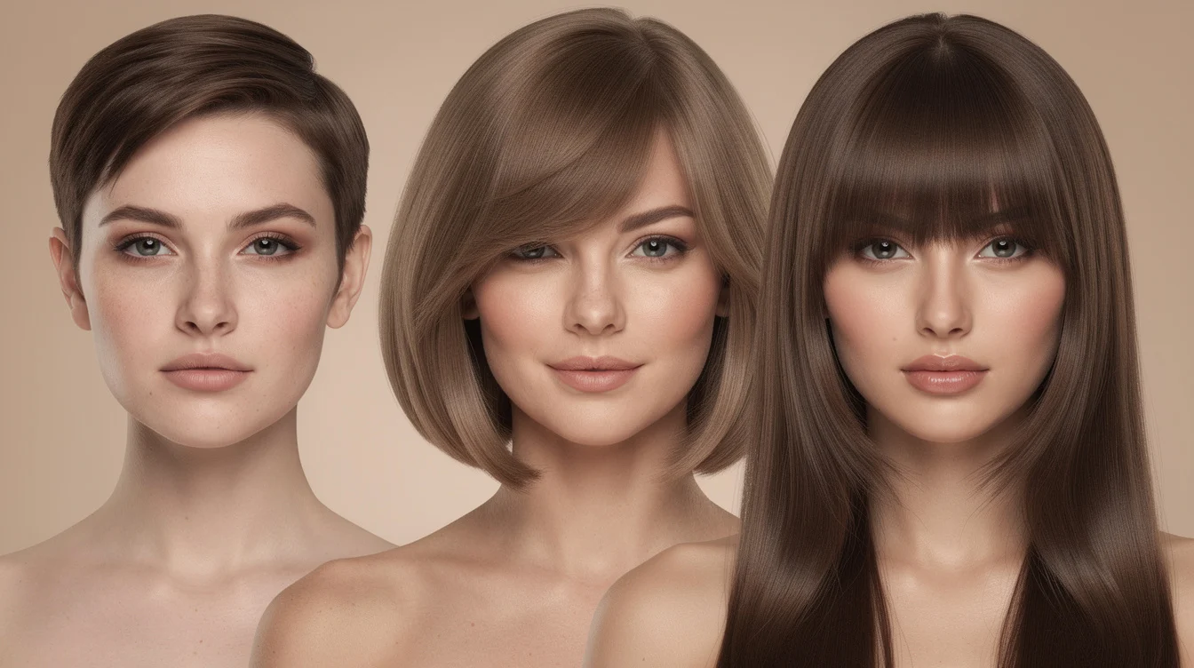 Three women with different haircuts side by side: a short pixie, a chin-length bob with a side fringe, and long hair with a blunt fringe