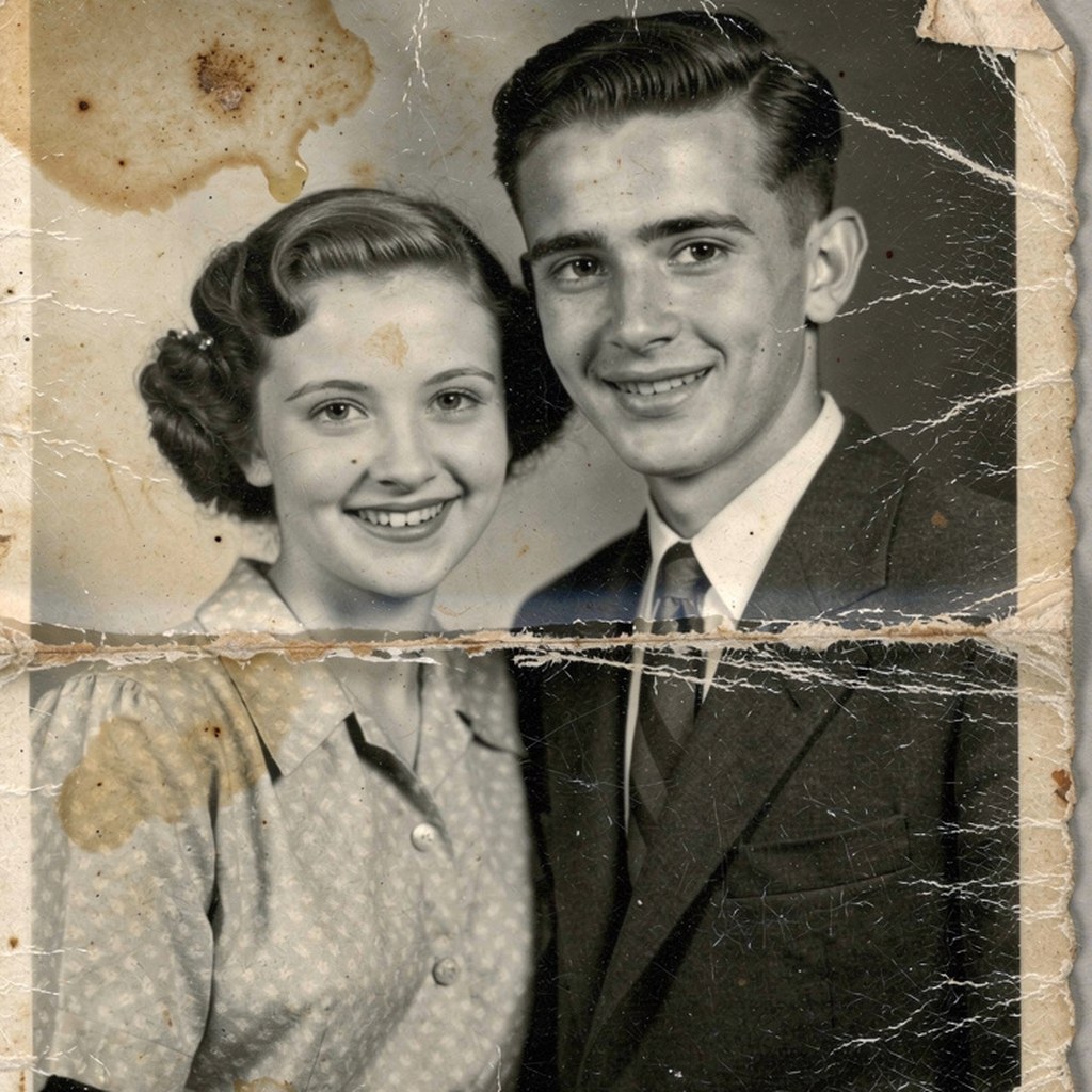 Old family photo before and after AI restoration