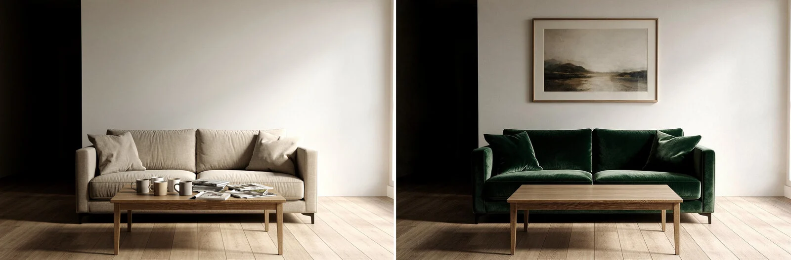 Living room before and after precise editing — green sofa, cleared table and a framed picture on the wall