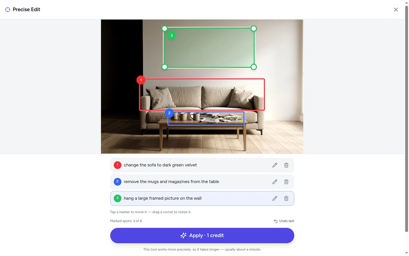 Precise Edit in PixiFixi — three coloured markers on a living room photo, each with its own instruction