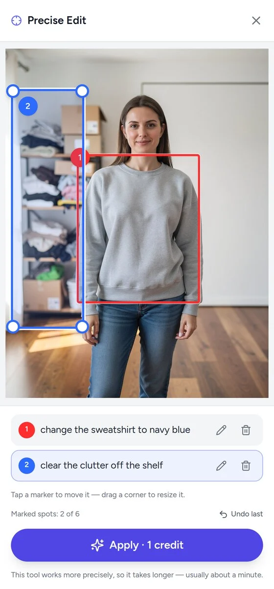 Precise Edit on a phone — two markers drawn with a finger on a photo of a person