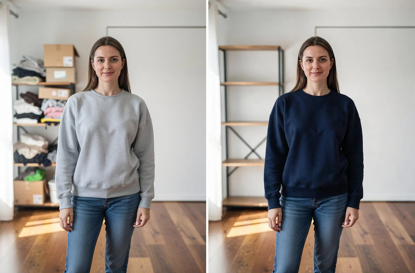 Photo of a person before and after — navy sweatshirt and a decluttered shelf in the background