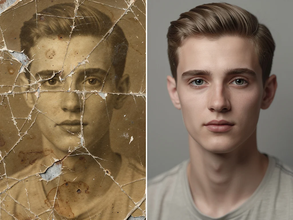 AI photo restore — damaged cracked vintage portrait restored sharp with natural color
