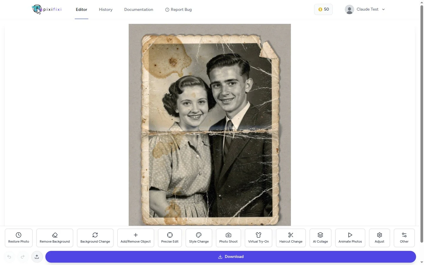 A damaged old photo loaded into the PixiFixi editor with the full tool bar visible