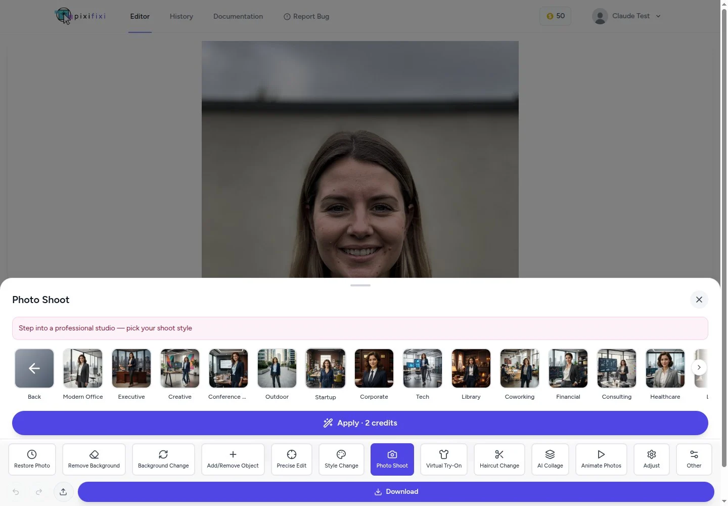 Picking a business photoshoot style in PixiFixi, with the uploaded photo above the preset row