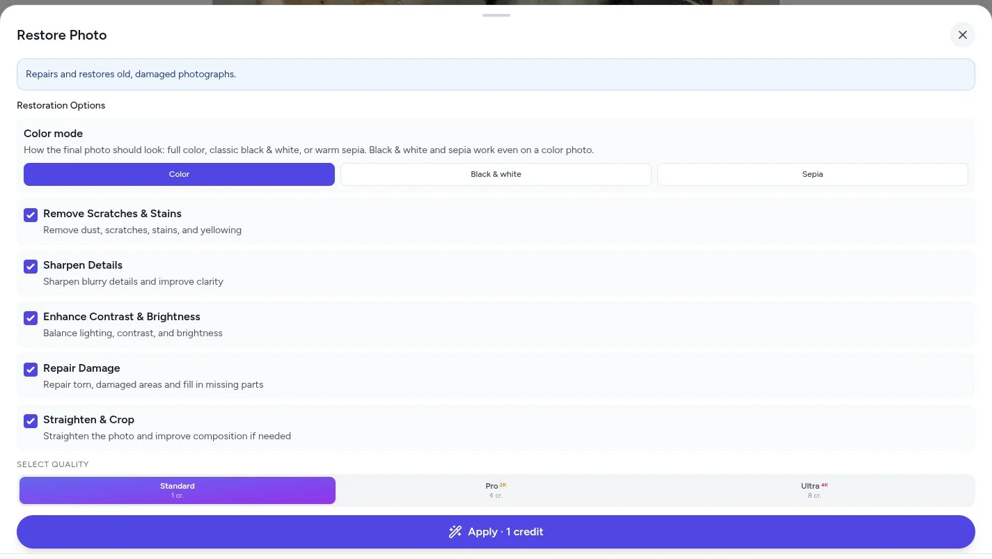 The Restore Photo tool in PixiFixi: colour mode, repair options and quality tiers