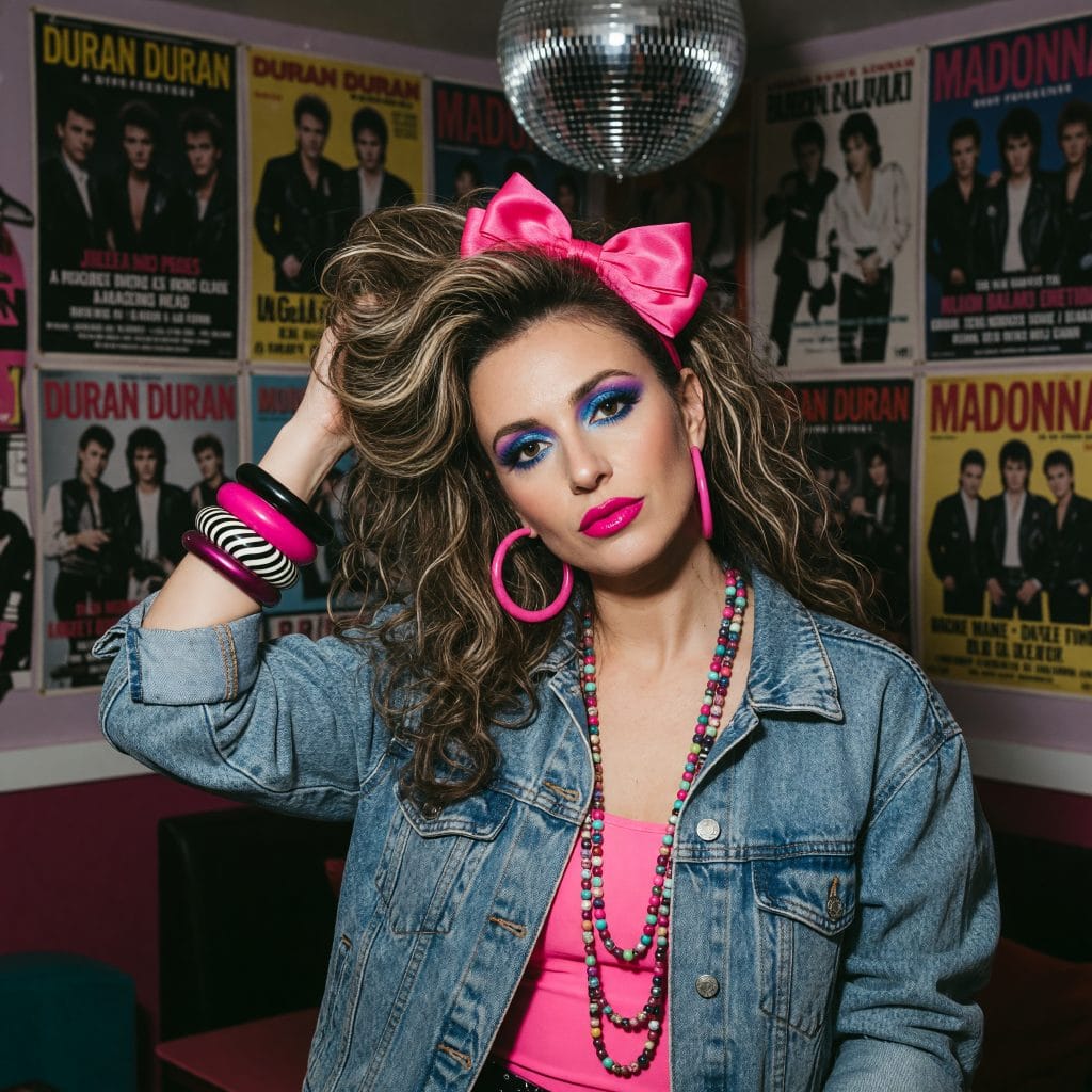 80s AI photo — huge backcombed hair with a pink bow, hoop earrings and acid-wash denim