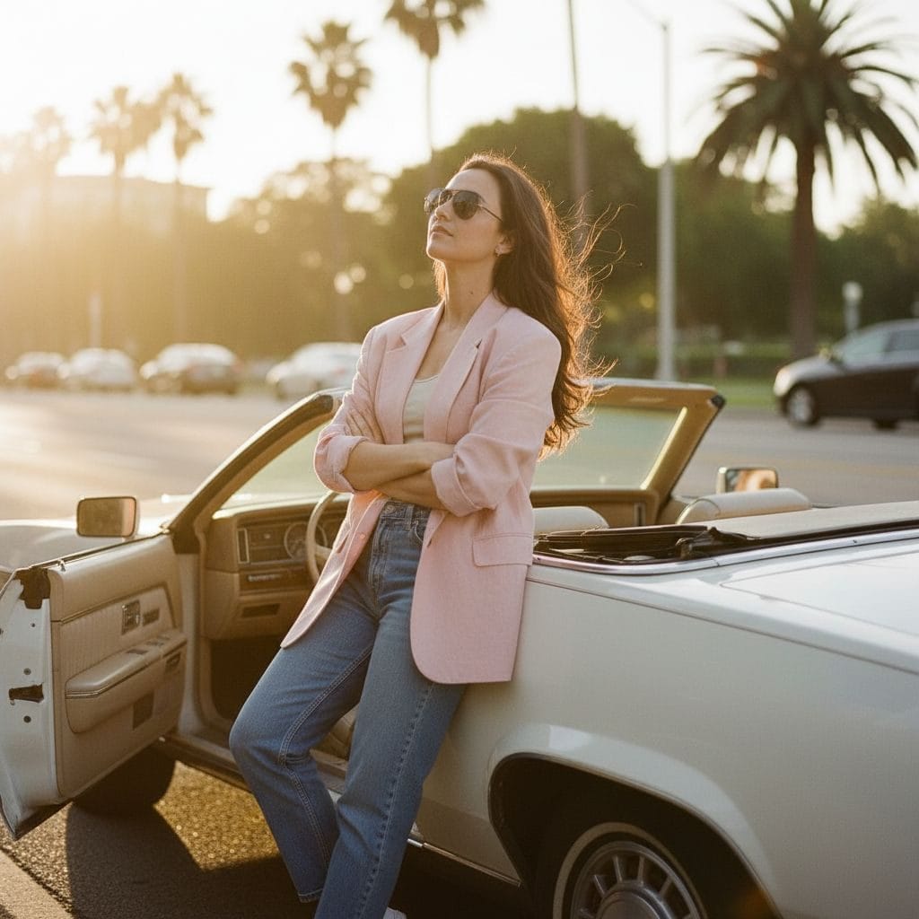 80s AI photo — leaning on a convertible car at golden hour