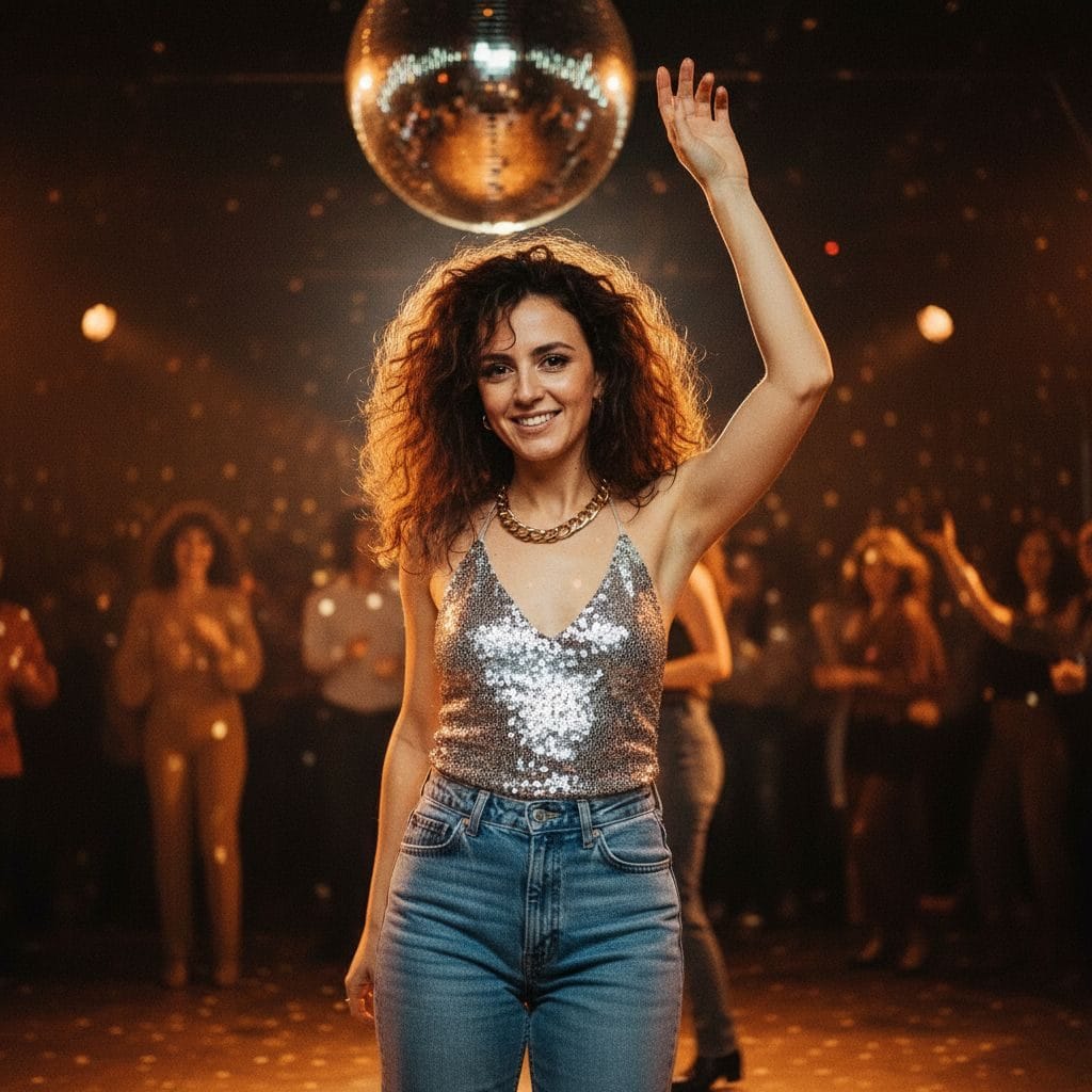 80s AI photo — disco floor under a mirror ball, caught mid-dance