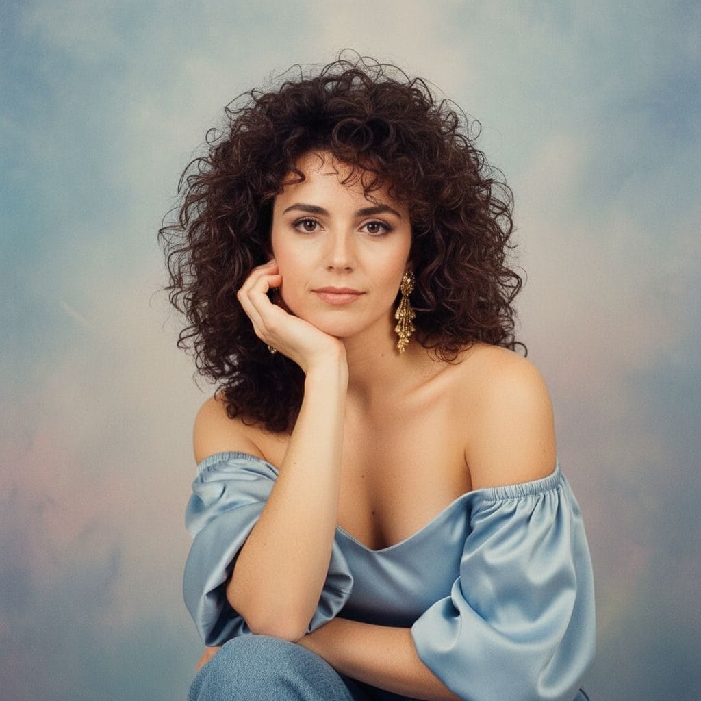 80s AI photo — mall glamour shot with a perm, satin and chin on the hand