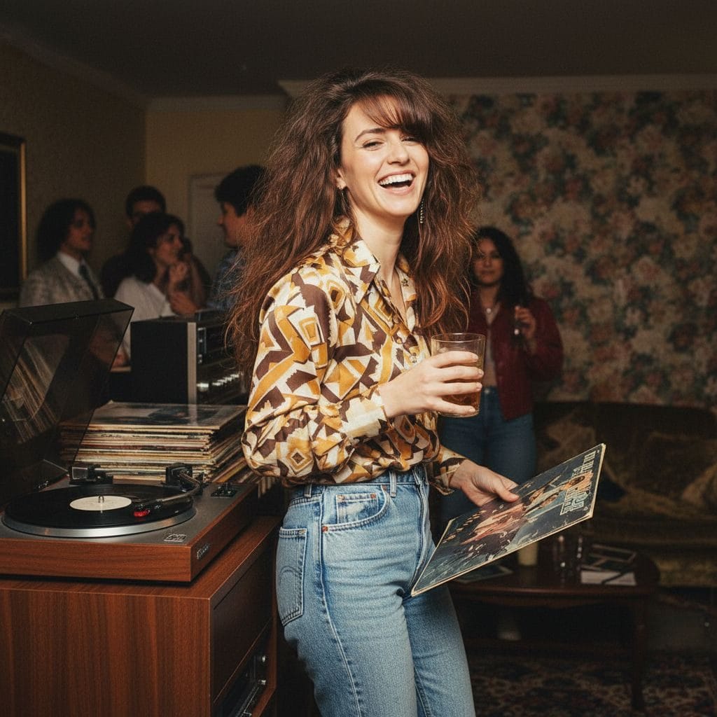 80s AI photo — house party with a record player and a wide-collar shirt