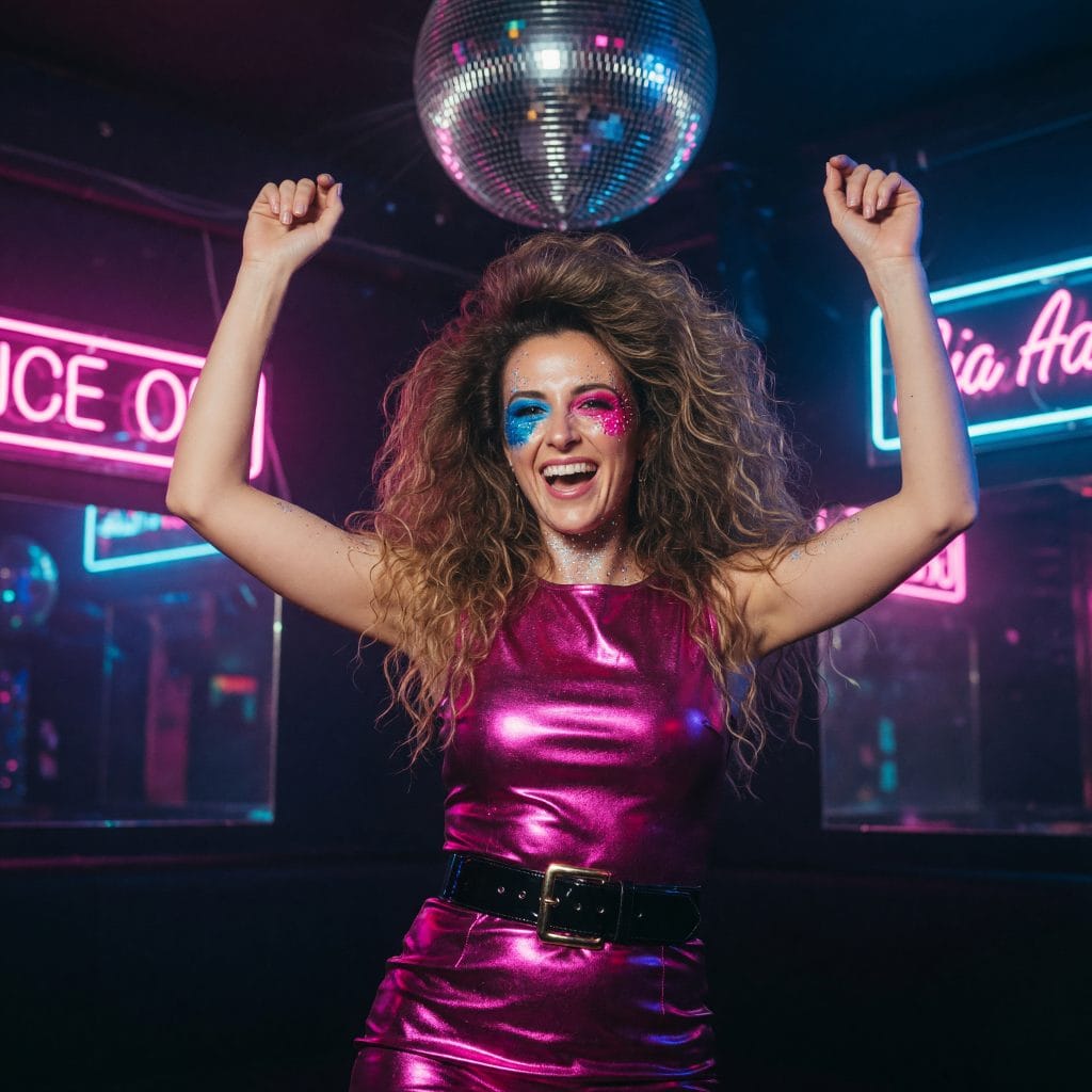 80s AI photo — neon disco with a mirror ball and a metallic fuchsia dress