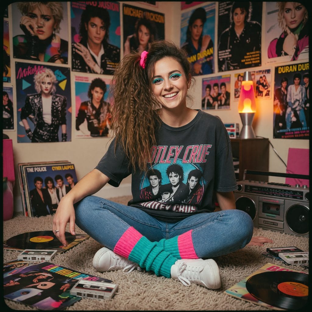 80s AI photo — teen bedroom with band posters, vinyl records and a boombox