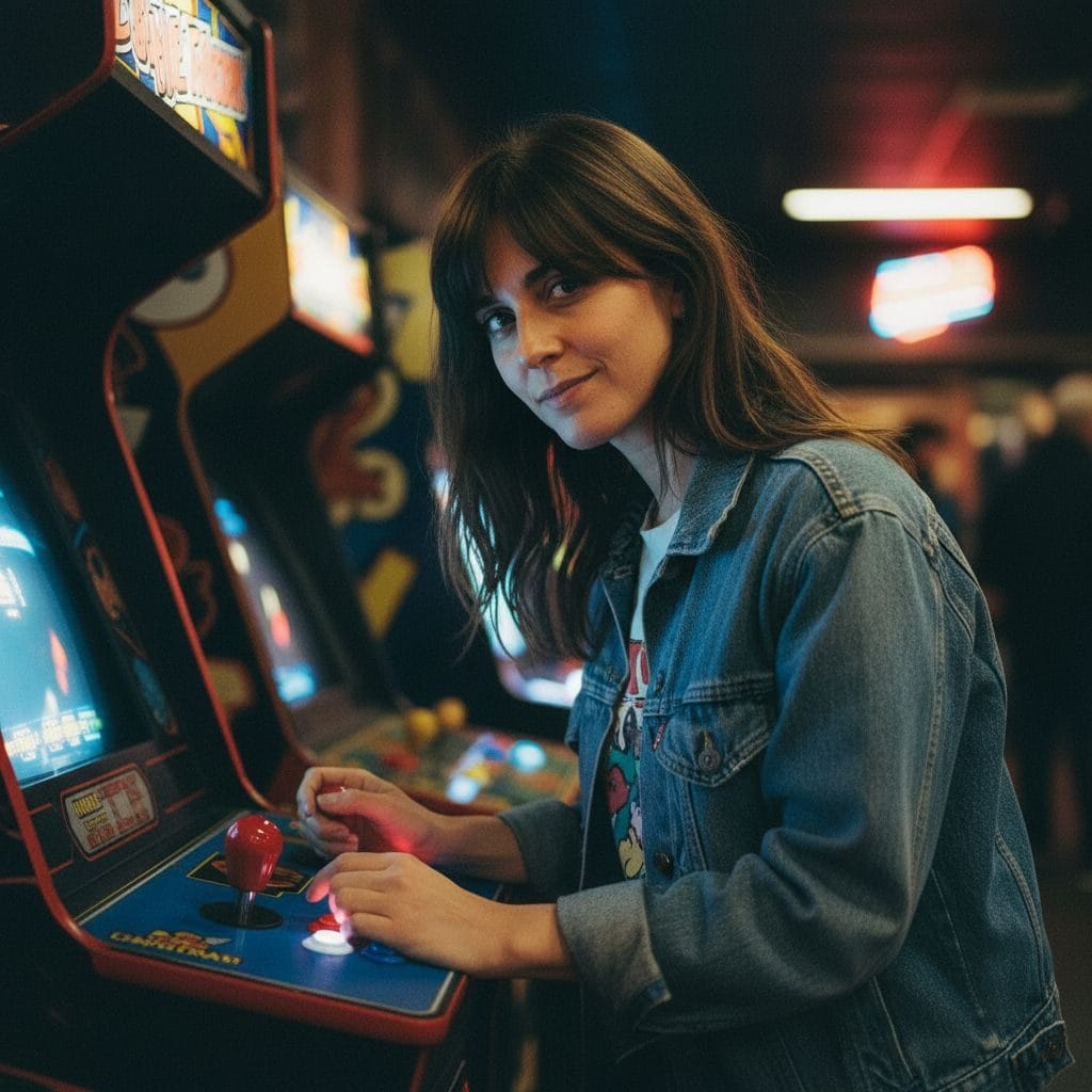 80s AI photo — video arcade, hands on the joystick lit by the screen