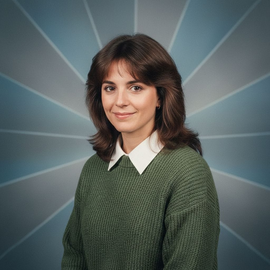 80s AI photo — yearbook portrait with feathered hair on a laser-beam backdrop