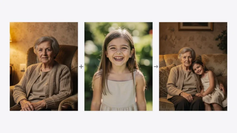 Two separate portrait photos - an elderly woman and a young girl - combined by AI into one shared family picture