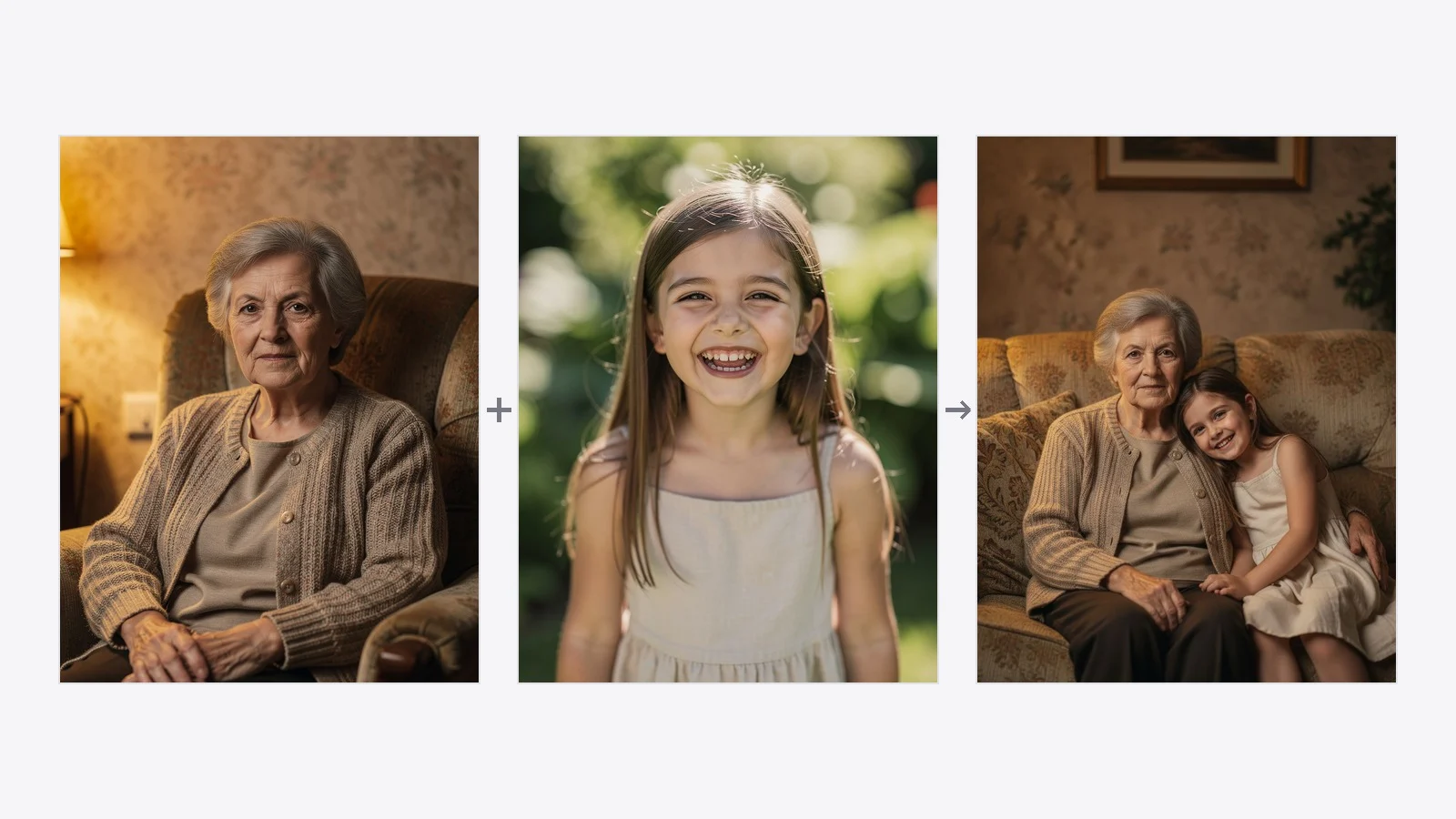 Two separate portrait photos - an elderly woman and a young girl - combined by AI into one shared family picture