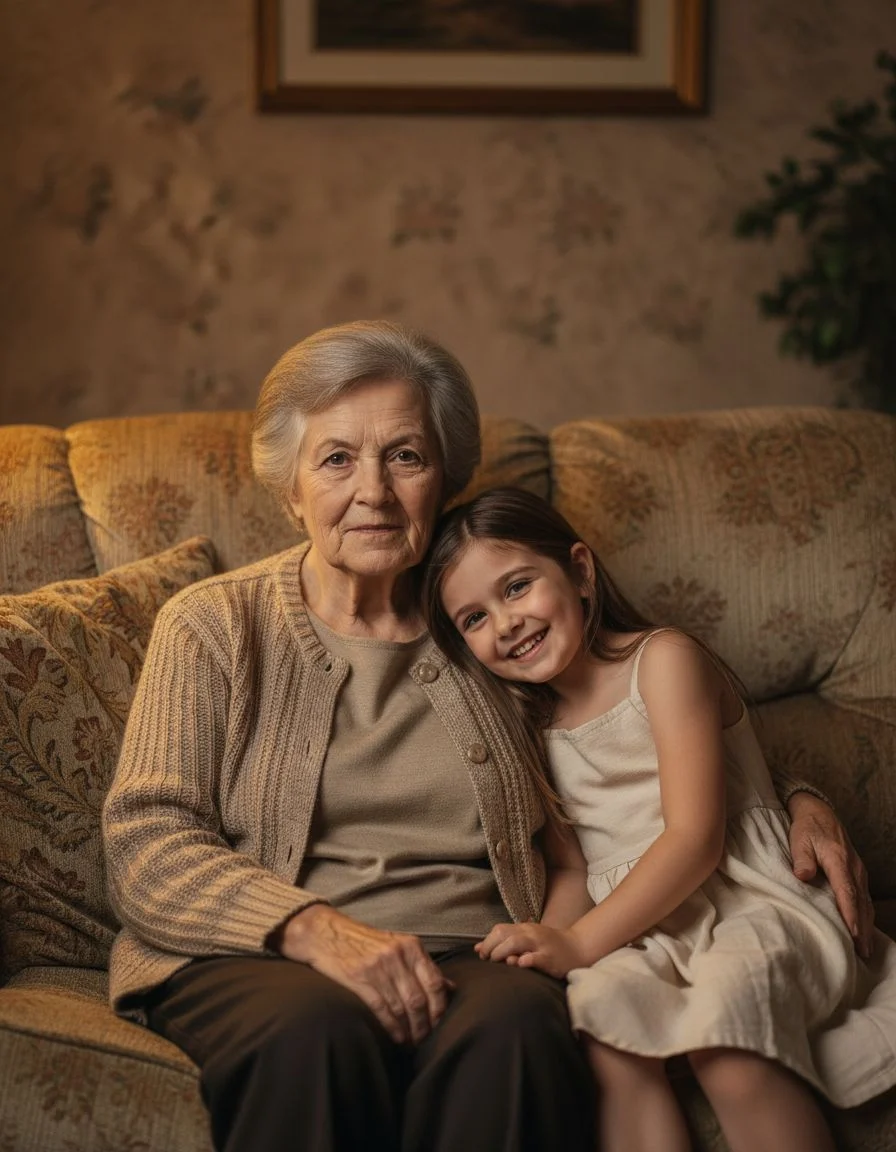 An elderly woman and her granddaughter sitting together on a sofa in one photo, merged by AI from two separate pictures