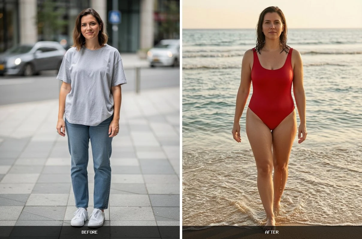 The same woman in an everyday photo and in an AI bikini photoshoot on the beach