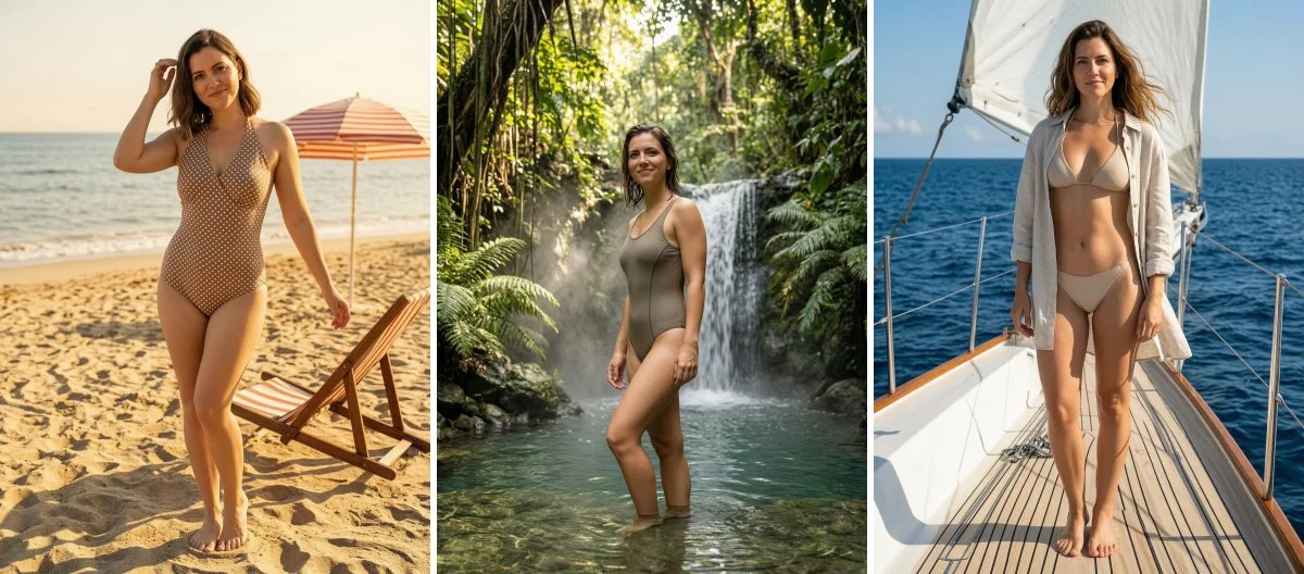 Three AI bikini photoshoot scenes: retro pin-up beach, jungle waterfall and a yacht deck