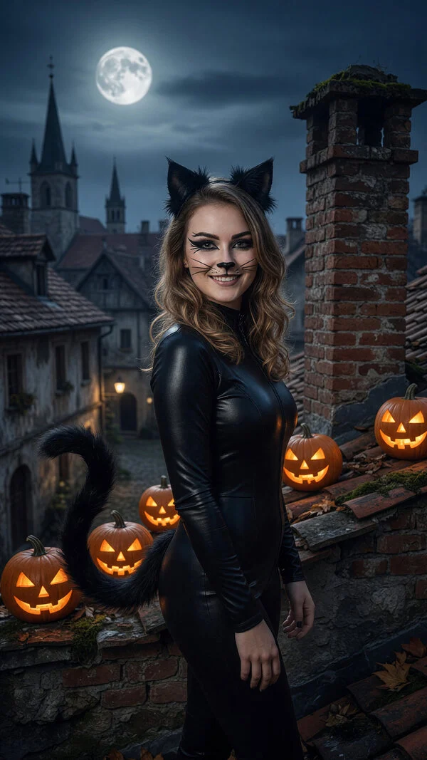 AI cat Halloween costume on a photo: black catsuit, ears and whiskers, jack-o'-lanterns on a rooftop under a full moon