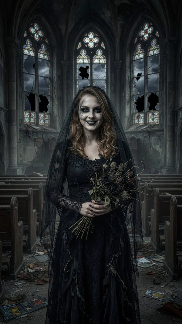 AI gothic bride Halloween costume on a photo: black veil and a dried bouquet in an abandoned church