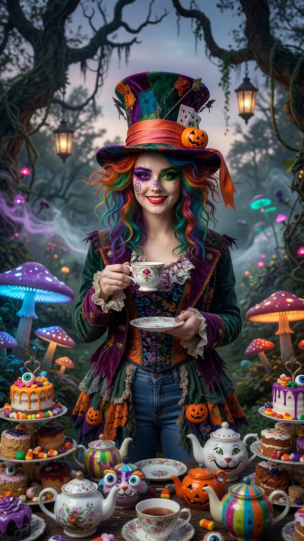 AI Mad Hatter Halloween costume on a photo: patchwork top hat, teacup and glowing mushrooms in an enchanted forest