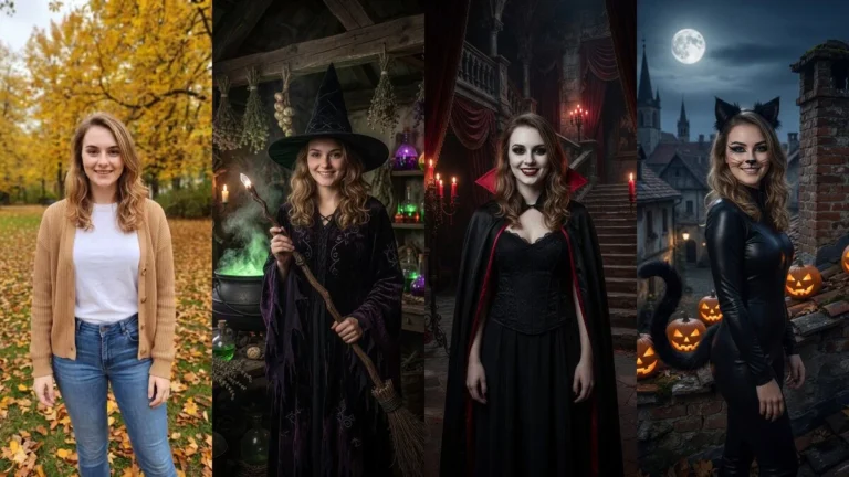 AI Halloween costume on your photo: an ordinary photo in a park and the same person as a witch, a vampire and a cat