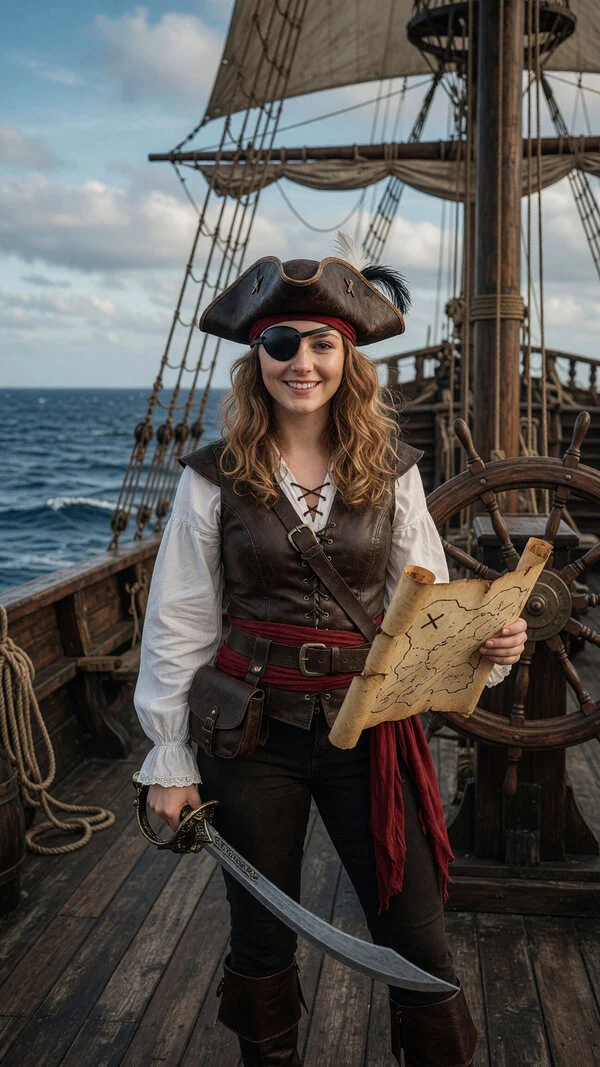 AI pirate Halloween costume on a photo: tricorn hat, eye patch and treasure map on a ship's deck