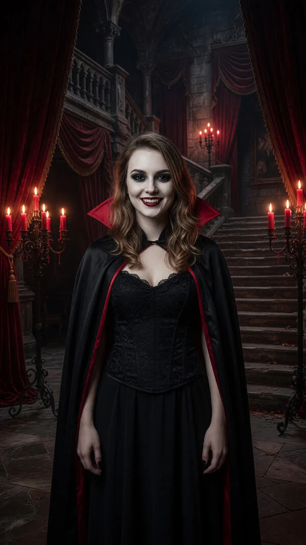 AI vampire Halloween costume on a photo: black cape with a red collar in a candlelit gothic castle